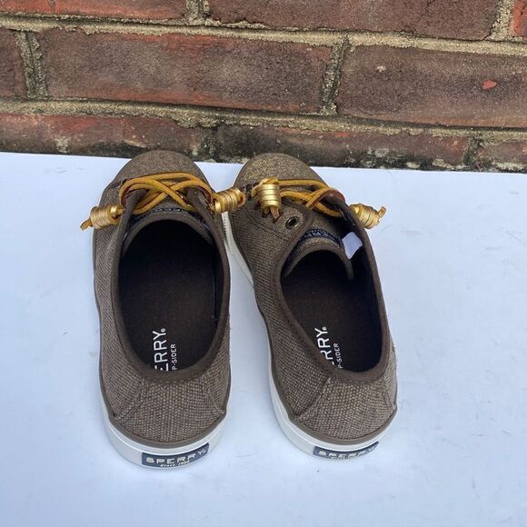 Sperry Top Sider Taupe & Gold Sparkle Seacoast Canvas Sneakers Size 5.5 NEW - Picture 4 of 9